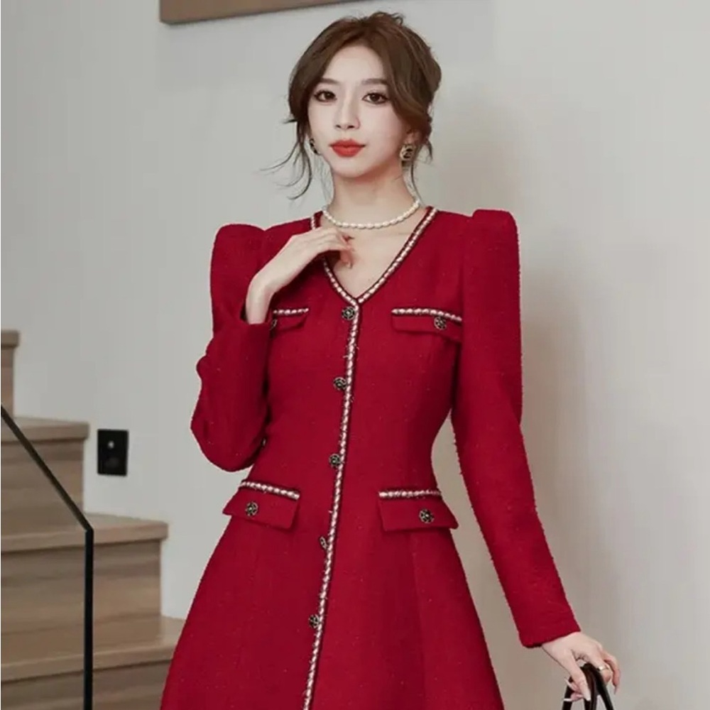 New high Quality tweed Dress women Elegant V- neck stiff long sleeve Vintage